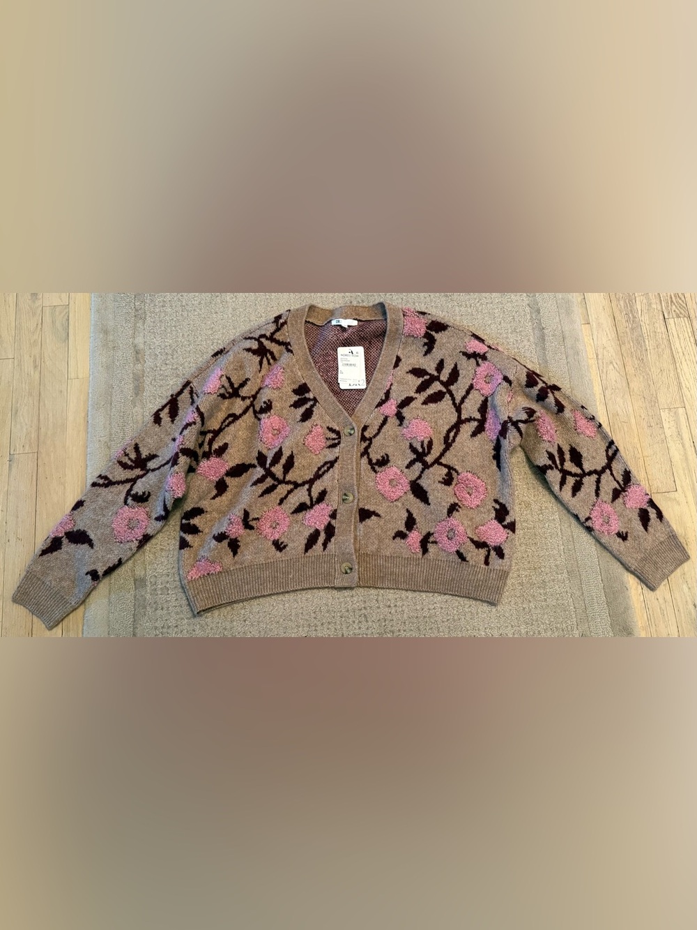 DR2 Nordstrom Floral Cardigan Sweater XL Beige Pink Burgundy Button Front Cozy